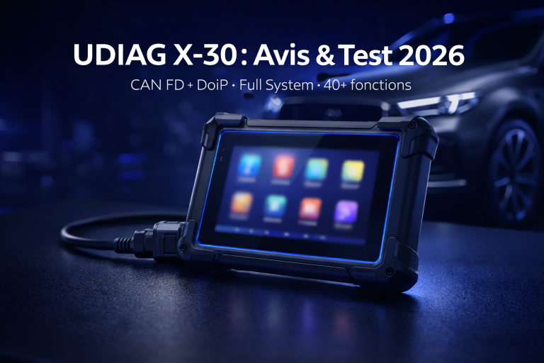 Valise diagnostic automobile UDIAG X-30 connectée en OBD sur voiture européenne moderne dans un garage professionnel – avis et test 2026 CAN FD DoIP outil diagnostic auto multimarque