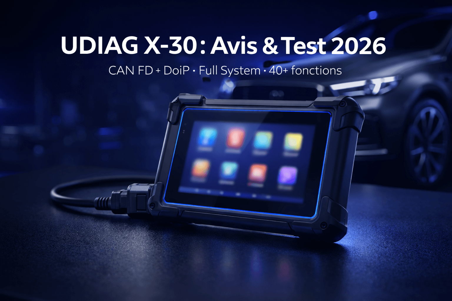 Maleta de diagnóstico automotriz UDIAG X-30 conectada vía OBD en un coche europeo moderno en un taller profesional – opinión y prueba 2026 CAN FD DoIP herramienta de diagnóstico automotriz multimarca