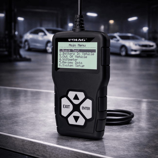 testeur batterie voiture BT208 vue face menu écran LCD